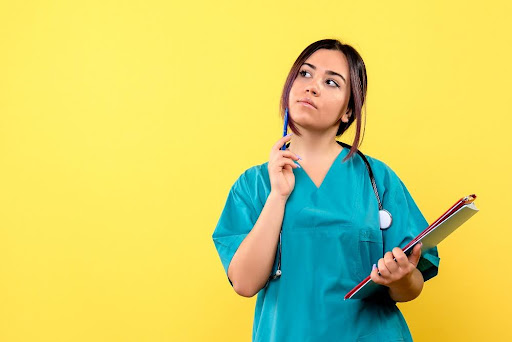 A female doctor thinking about something