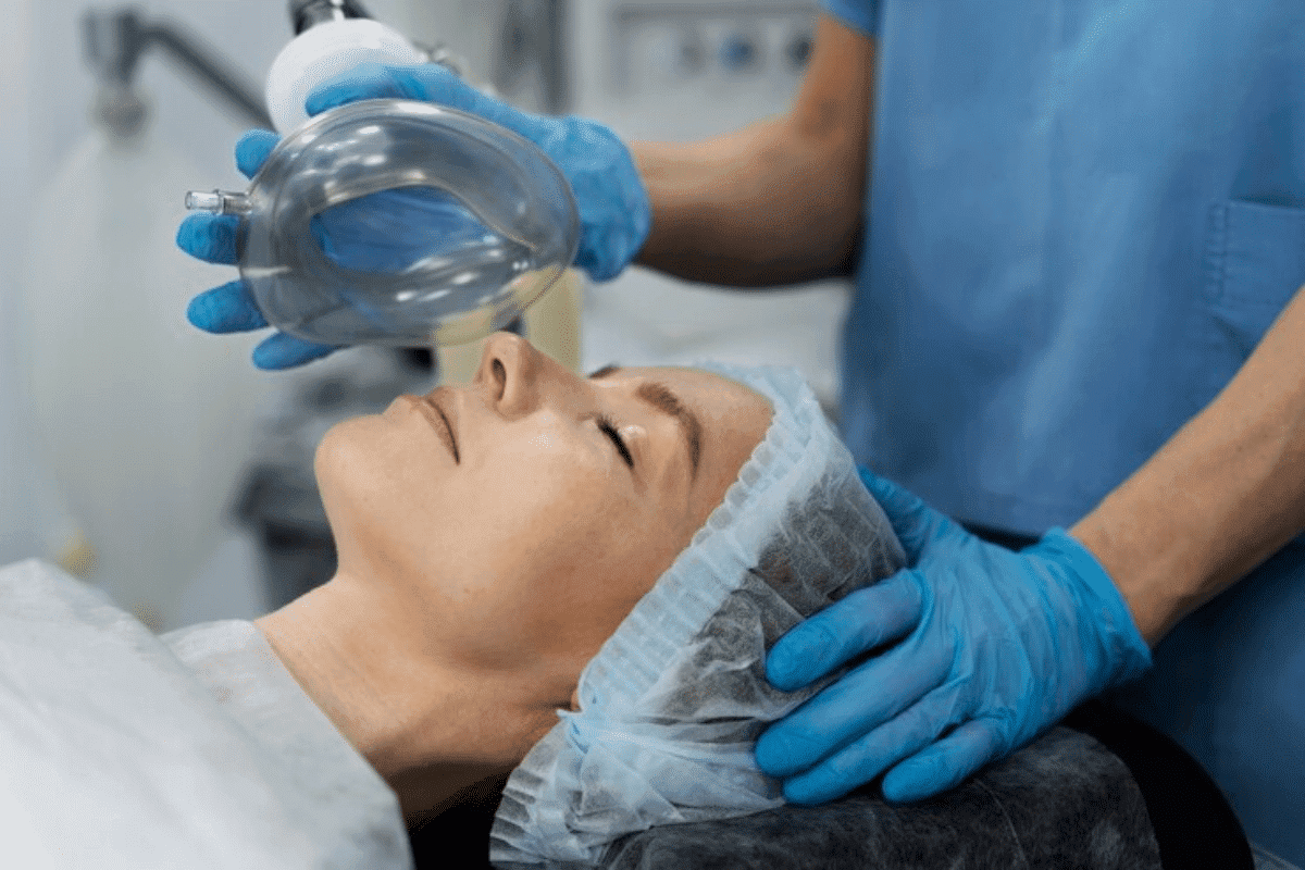  A beautiful lady getting ready for ozone dental treatment at the dentist's office