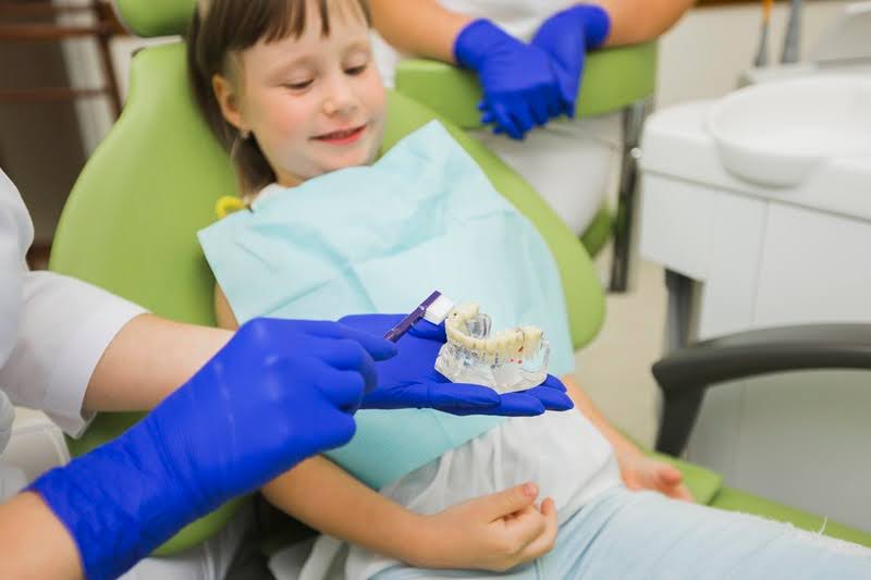  A dentist for kids near you demonstrating tooth brushing to a child using dentures and a toothbrush